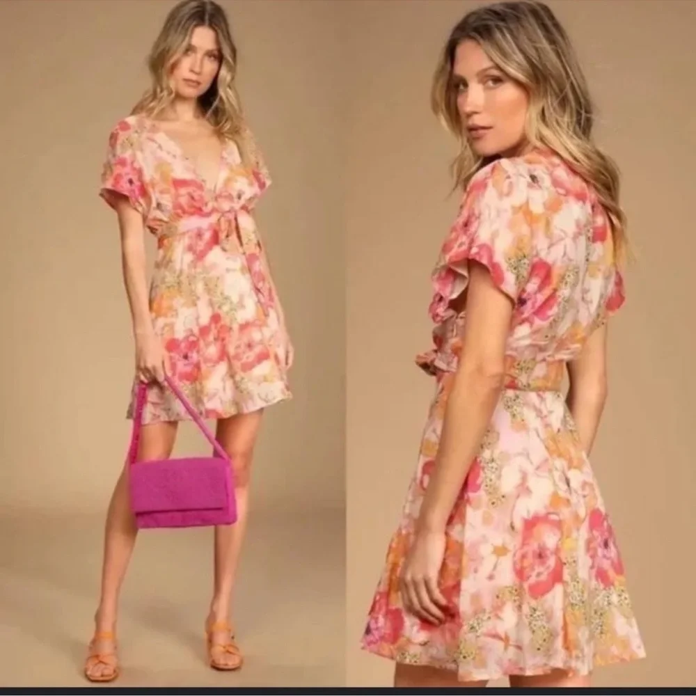 NEW Free People Freddy Floral Romantic V Neck Tie Front Mini Dress S